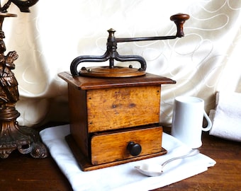 Antique 19th century coffee grinder, vintage spice grinder, vintage kitchen accessory, rustic wood French kitchen decor, housewarming gift.