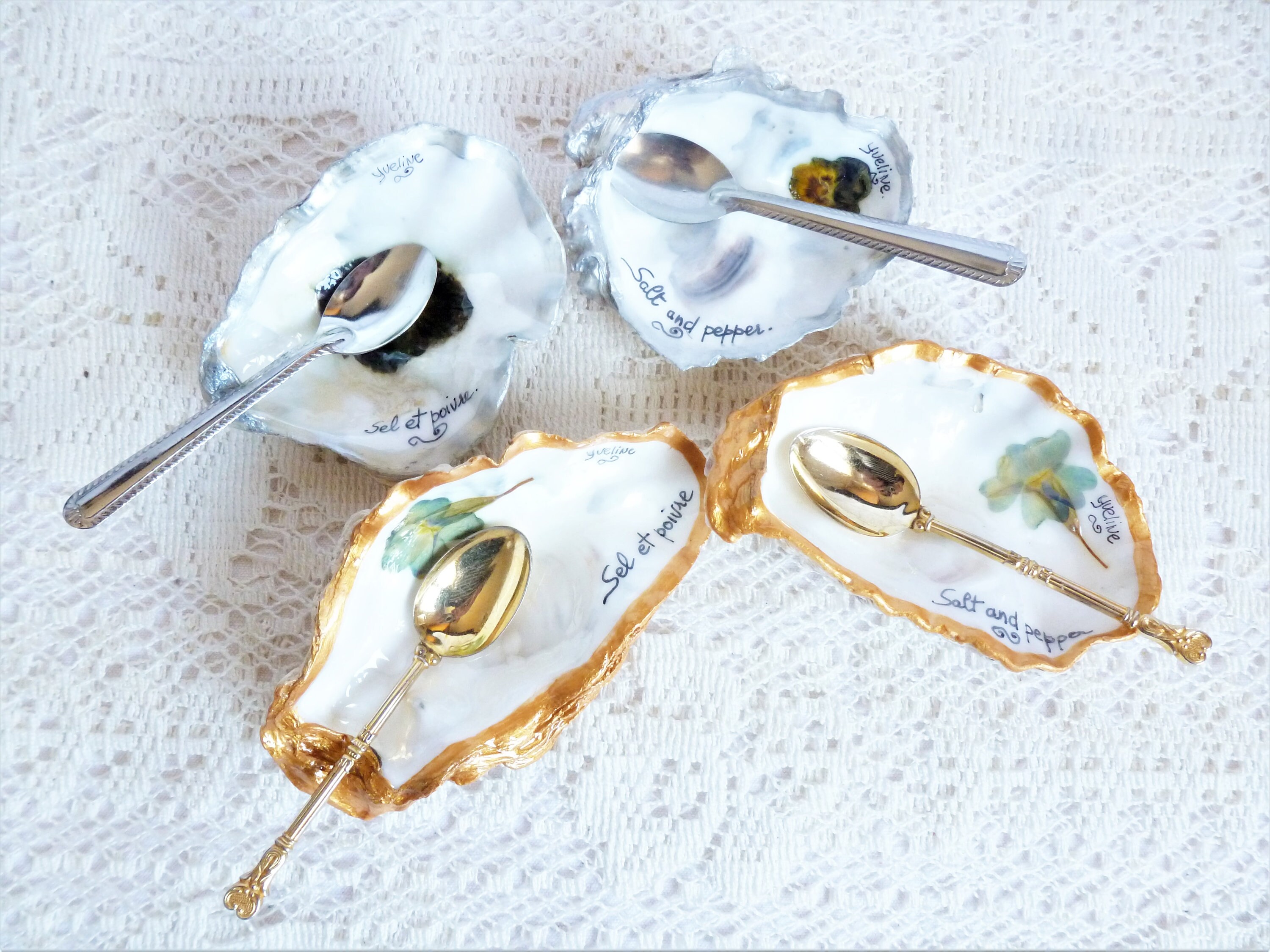Decorated Oyster Shell Table Salt And Pepper Shaker Marine Etsy