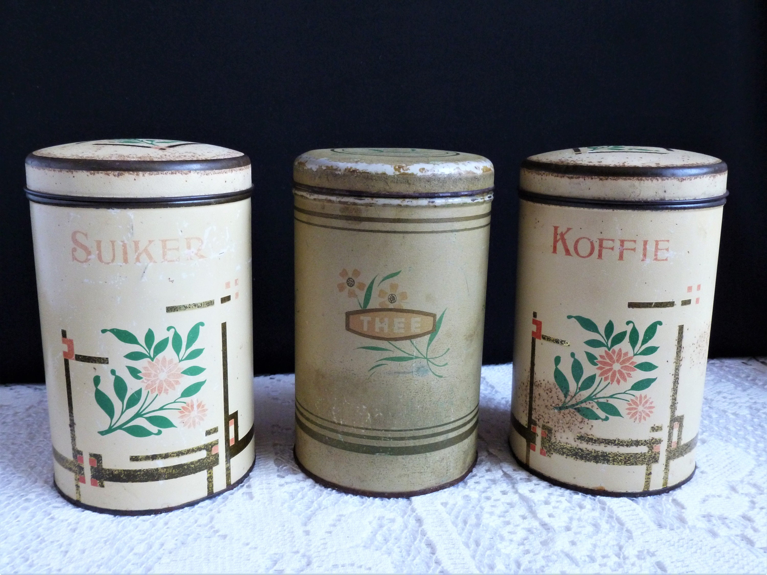 Lot de 3 Boîtes Cuisine Métal Vintage, Anciennes, Rondes, Rétro, Boîte Rangement en Peint