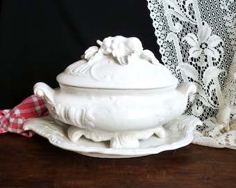 Antique Italian decorative tureen with barbotine dish and lid, country house table decor, white tureen ceramic table gift, Tableware Italy.