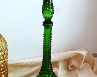 Italian Empoli glass bottle with diamond tip decor, green Italian bottle, Italian bottles with cork, Italian glass kitchen decor.