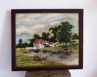 Antique oil painting country landscape 19th century, french landscape oil painting vintage, Antique oil painting, framed wall landscape.