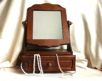 Coiffeuse de table à poser avec tiroir et miroir pivotant des années 1950, Coiffeuse de table en bois, meuble à maquillage bois et tiroir.