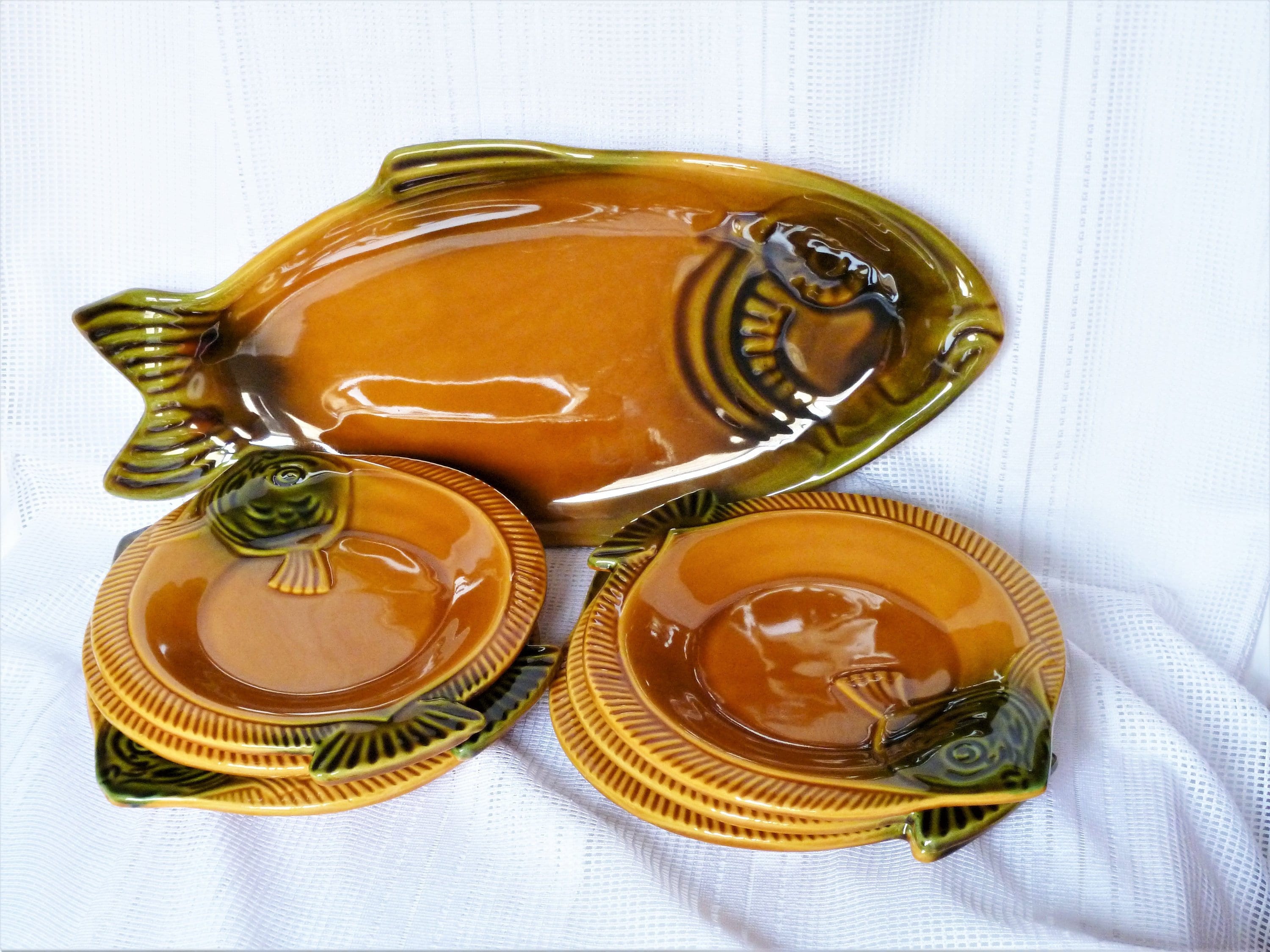Lot De 4 Assiettes à Poissons Vintage En Céramique Verte - Décoration De Table Et Fête - Collection Deco