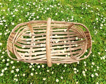 RARE: authentic and old wooden harvest basket, wooden slatted basket, rustic French farmhouse basket, openwork wooden basket, French country