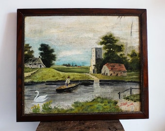 Antique 19th century country landscape oil painting, vintage French landscape oil painting, Antique oil painting, framed wall landscape.