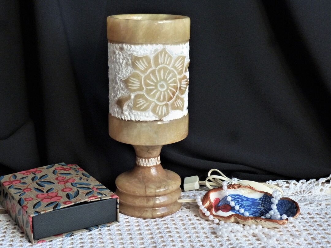 Lampe De Table Vintage - Piètement Albâtre + Abat-jour Tissu Cousu Main - Rétro