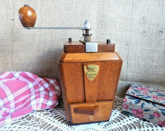 Old Peugeot Frères coffee grinder, spice grinder, vintage kitchen utensil, rustic kitchen decor, French country kitchen wood decor.