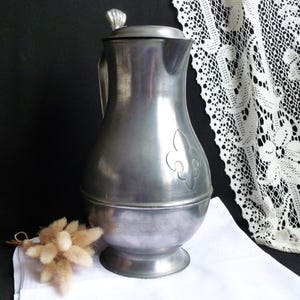 Large pewter jug, antique pewter table pitcher, pewter bathroom decor, pewter vase, pewter country decor, French country decor tin gift.