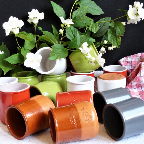 Lot de 4 pots de yaourts en céramique, Pots "la fermière", petits pots à confitures et marmelade, petit rangement pot de salle de bains.