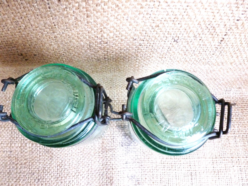 Set van 2 oude groene glazen potten, inmaakpotten, glazen keukencadeaudecor, keukengereihouder, zero waste Frankrijk. afbeelding 7
