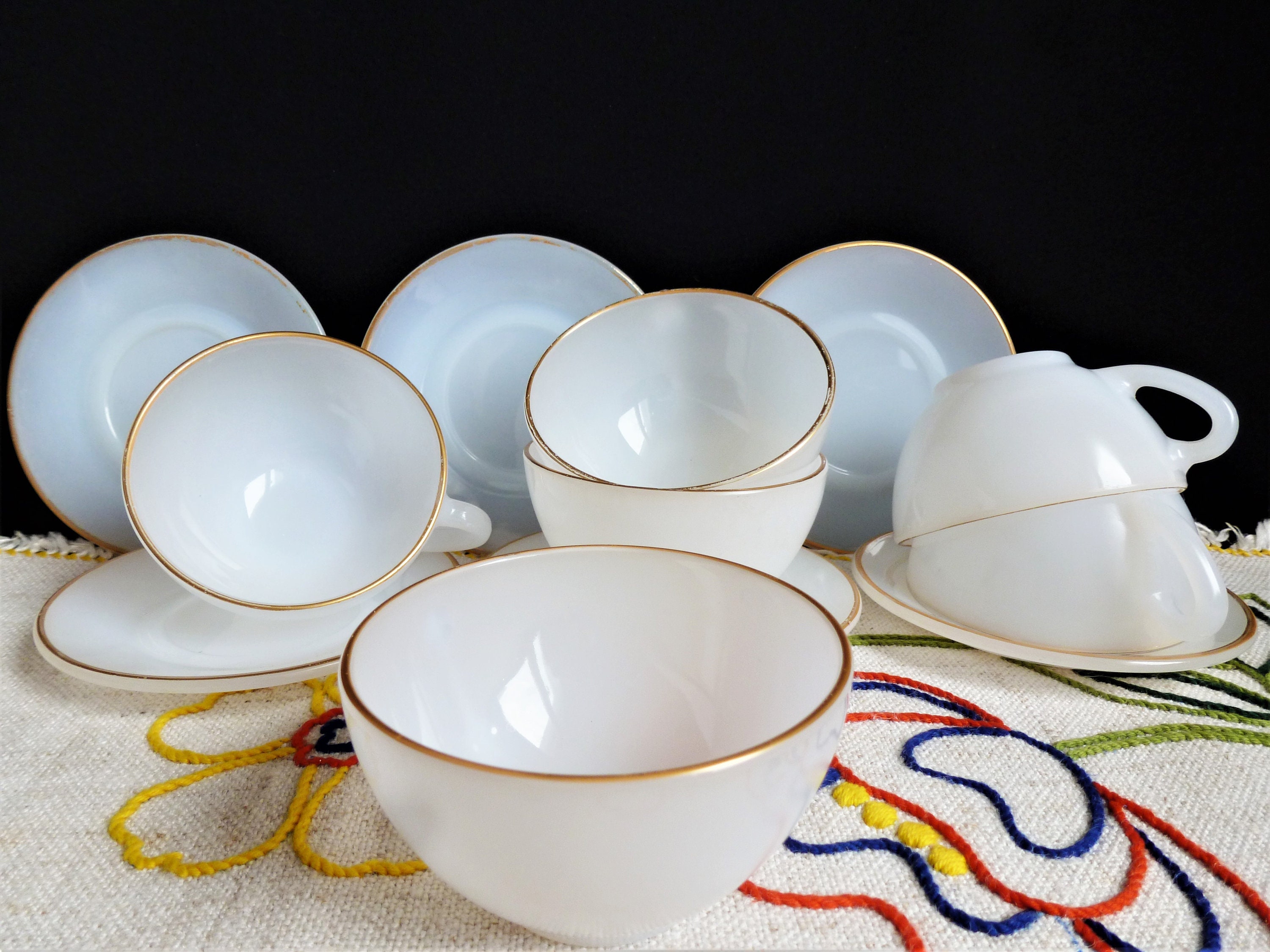 6 Tasses et Soucoupes Arlequin d'arcopal, Service à Thé Arcopal, Tasses Café Arlequin, 8 Blanches, V