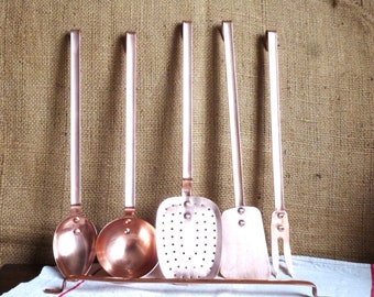 Copper kitchen accessories with wall ruler, copper ladle, copper skimmer, copper spoon, copper fork, French copper kitchen wall gift.