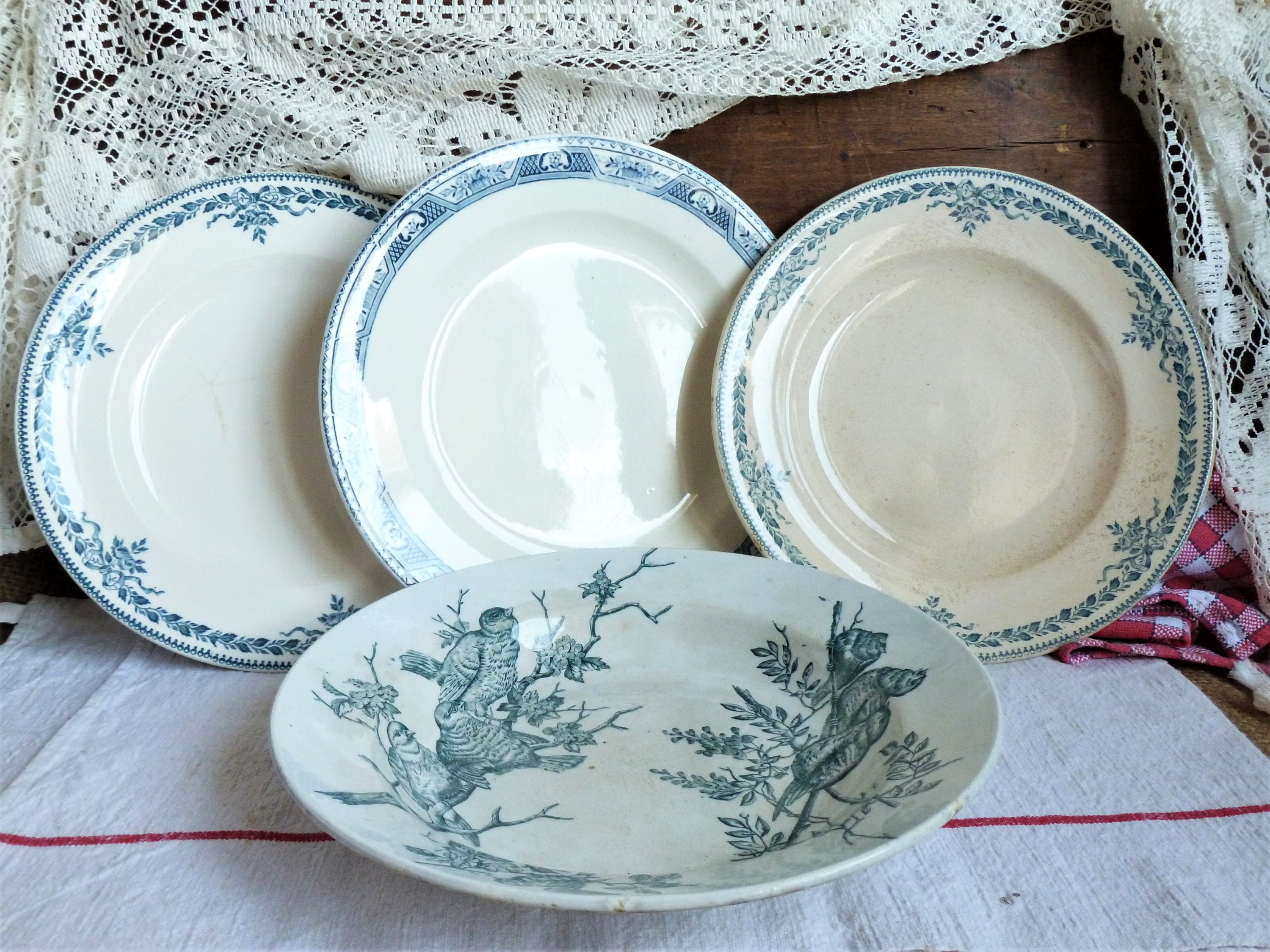 Antique table plate, old French tableware, vintage 19th century tableware, Round vegetable dish, country house tableware, vintage table gift