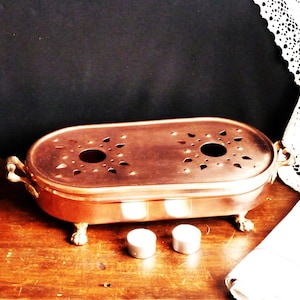 Copper dish warme, Antique copper tea light, Copper table hot plate with candles,, Copper centerpiece decor, French copper table gift.