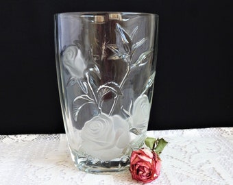 Pressed molded glass vase with roses decor, Art deco vase, cut flower vase, centerpiece decor, French vintage glass gift, Living room decor.