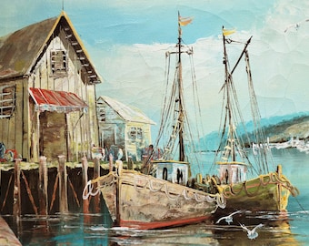 Barcos de pesca en el muelle, antiguo cuadro marino, antiguo cuadro marino vintage de Luini, antiguo cuadro marino vintage enmarcado.