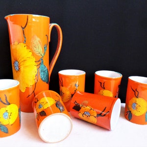 Geëmailleerd aardewerk orangeade servies, sinaasappelsap servies, Vallauris kunstkeramiek aardewerk, Frans tafelkeramiek geschenk. afbeelding 3