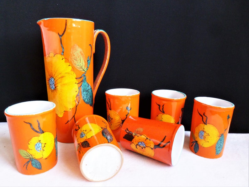 Geëmailleerd aardewerk orangeade servies, sinaasappelsap servies, Vallauris kunstkeramiek aardewerk, Frans tafelkeramiek geschenk. afbeelding 3