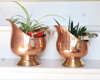 Round Copper Planters, Antique Copper Coal Bucket, Copper Cachepot, Indoor Garden Plant Holder, Vintage Copper Decor, French Copper Home.