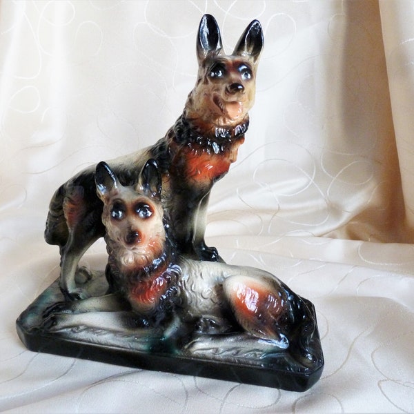 Sculpture Bergers allemands, sculpture animal plâtre peint, statue de chiens, figurine céramique animal, BIAGIONI, décoration bureau animal.