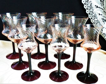 Krosno amethyst glasses from Poland, Krosno stemmed glasses, Vintage blown stemmed glass, Wine glasses, water glasses, design gift glasses.
