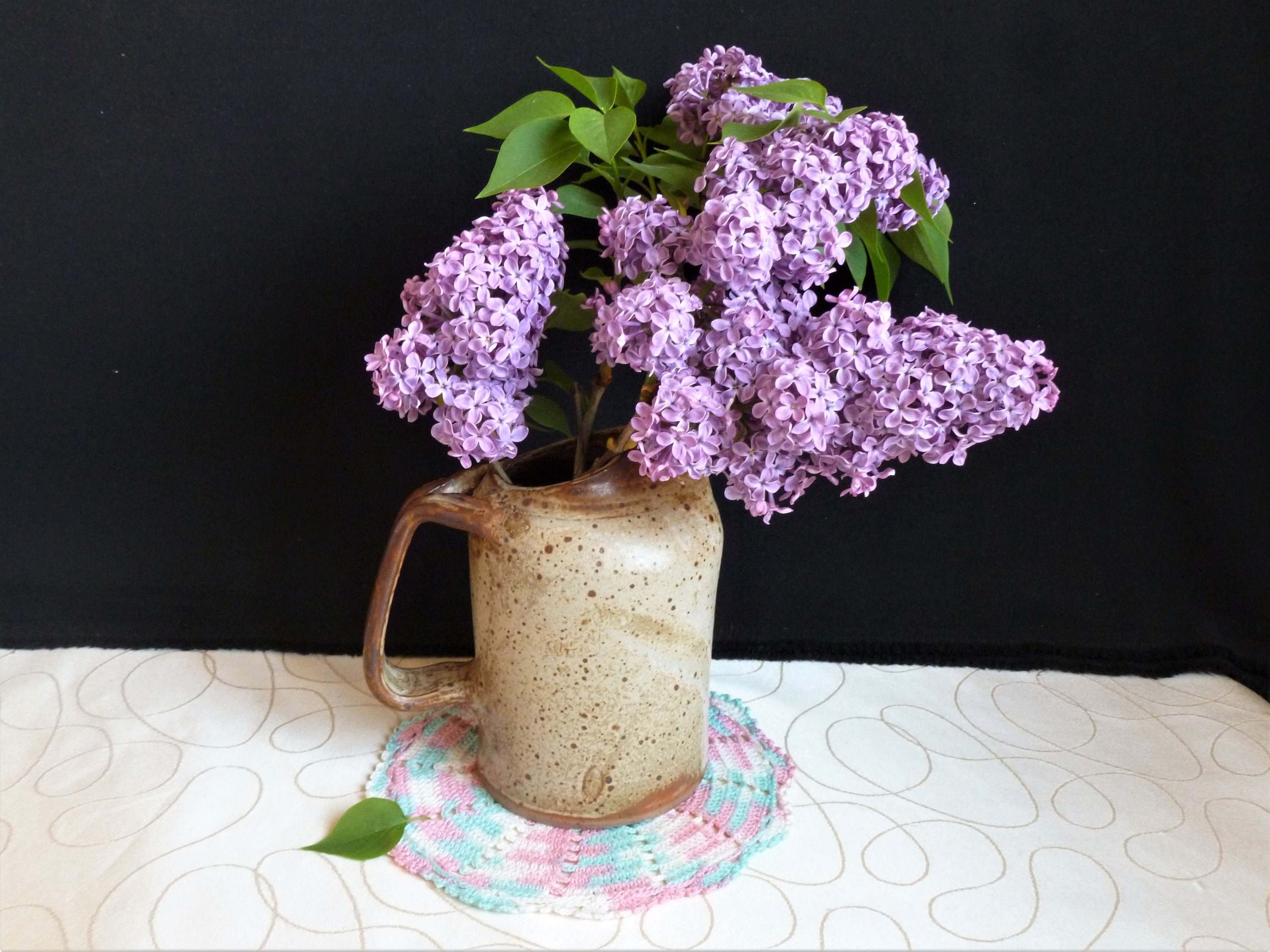 French Vintage Oil Painting Lilacs Bouquet in Stoneware Pitcher Signed