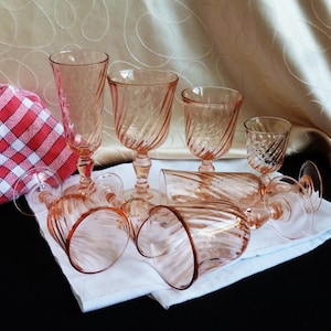 8 Rosaline glasses gift for 2, Pink Arcoroc Luminarc glasses, Pink stemmed glasses, Pink wine glasses, Vintage French gift pink glasses.