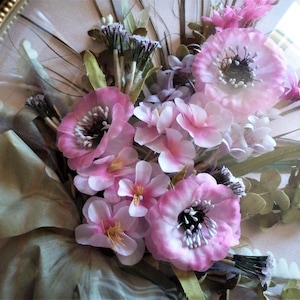 Floral wall frame under glass, Vintage framed flower bouquet, Fabric flower bouquet with frame, Anemones decor frame, Floral wall gift.