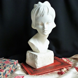 Young girl bust sculpture in monochrome plaster, art deco young girl sculpture, Victorian girl sculpture in plaster, French girl statue gift