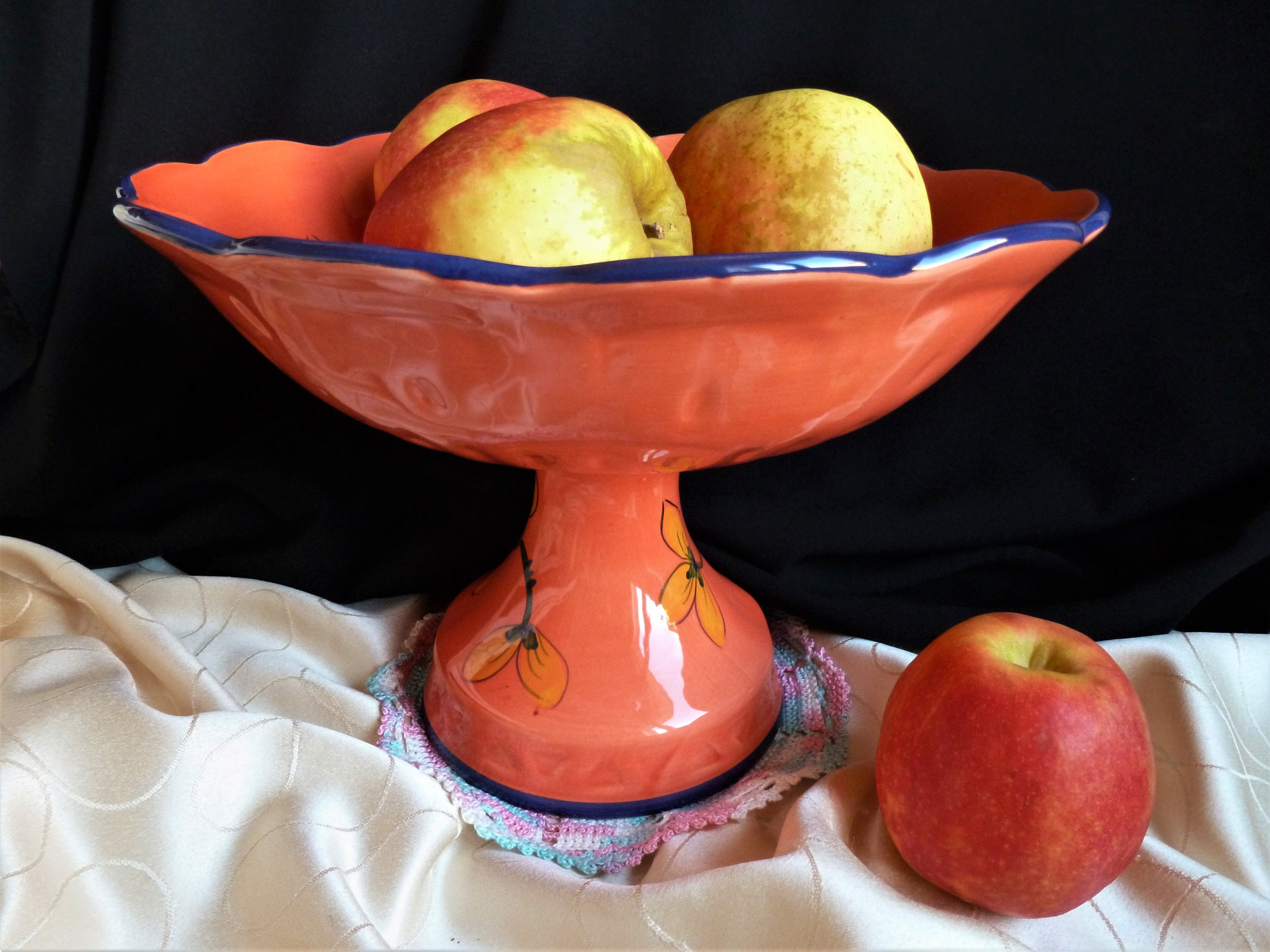 Coupe à Fruits Céramique, Corbeille Céramique Orange Fleurs Jaunes, Décor Centre de Table, Cadeau Va