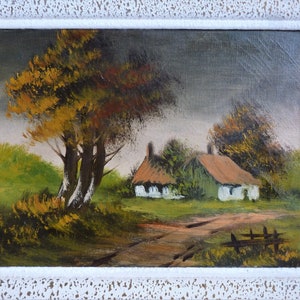Vintage landscape oil painting, French vintage oil landscape, 1950s landscape painting, vintage trees and house painting, French home decor.