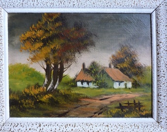 Vintage landschapsolieverfschilderij, Frans vintage olielandschap, landschapsschilderkunst uit de jaren 50, vintage bomen en huisschilderij.