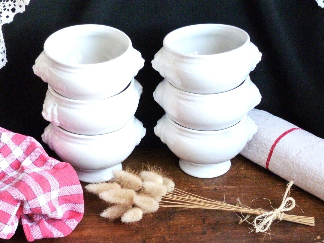 6 White Onion Soup Bowls, French White Soup Bowls, Soufflé Bowls