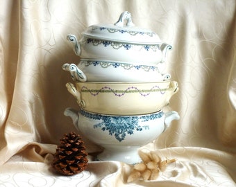 Set antiker Suppenterrine, Sammlung von Suppenterrine, Deko-Mittelstück Keramik Suppenterrine, Vintage Keramikschalen / Gemüseschalen