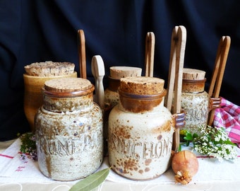 TO CHOOSE: Stoneware pickle jars with wooden tongs and cork stoppers, pickle jars, stoneware prune jar, stoneware kitchen pots, Kitchen gift