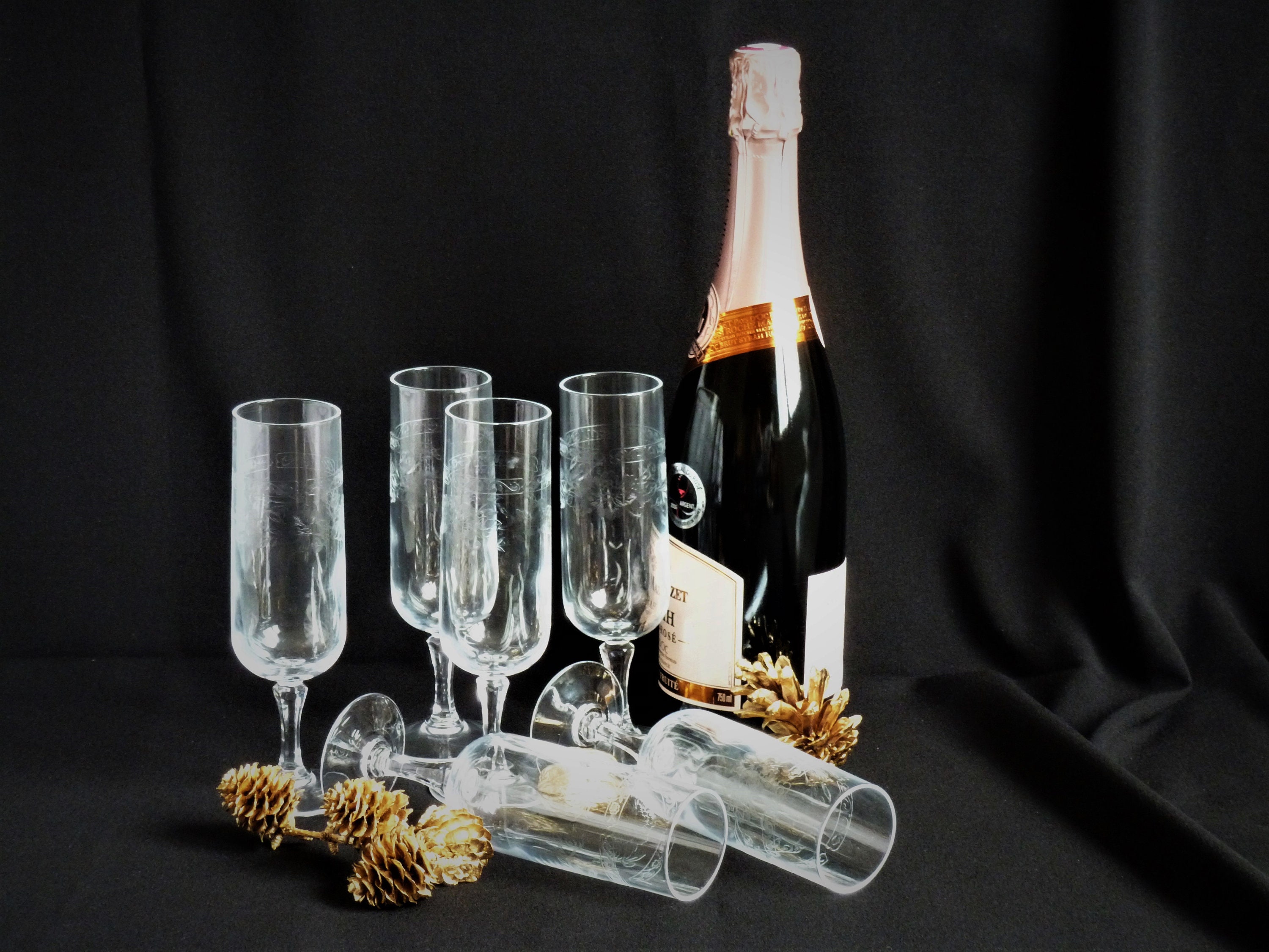 Verres à Champagne Gravés en Cristal d'arques, Flûtes Champagne, Verres Pied Vintage, Vintage Déco d