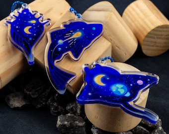 Aquatic Space Series Keychains — Manta Ray, Trout Fish, Conch Shell | Galactic Animal Acrylic Charm Keyring | Marine Animals | Accessories