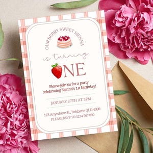 Strawberry First Birthday Invitation, Digital Download, Editable Link Canva, First Birthday Party, Strawberry Berry Theme