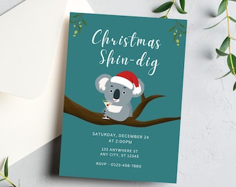 Invitación navideña australiana con koalas / Fiesta navideña de verano / Plantilla editable de Canva