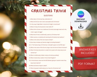 May include: A Christmas trivia game with a red and white striped border. The title "Christmas Trivia" is at the top, followed by questions. Includes an "Answer Key Included" and "PDF Format" label. A Canva "Instant Download" sticker is on the right.