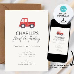 Truck Birthday Invitation: Construction Theme, Editable Canva Template (Digital Download)