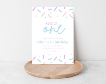 Sweet One Birthday Invitation | Pastel Sprinkles, Girl Party (Digital Download)