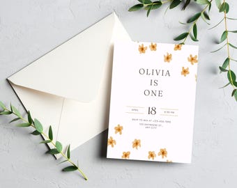 Minimalist Floral Wildflower 1st Birthday Invitation: Editable Canva Template (Digital Download 5x7 in
