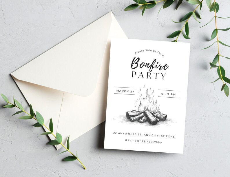 May include: A white invitation card with the text "Bonfire PARTY" and event details, including the date, time, and RSVP information. An off-white envelope is visible behind the card. The invitation features a bonfire illustration.