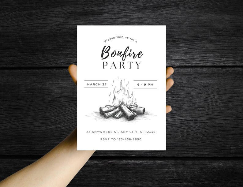 May include: A white invitation card with the text "Bonfire PARTY" in a script font. The card features a detailed illustration of a bonfire with flames and logs. Additional text includes the date, time, and RSVP information.