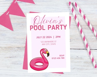 Flamingo Pool Party Invitation | Girls Birthday Invite | Editable Canva Template | Summer Birthday Digital Download