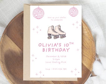 Roller Skating Birthday Invitation | Editable Canva Template | Retro Skate Party Invite | Girls Roller