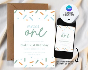 Sweet One 1st Birthday Invitation | Pastel Sprinkle Party (Digital Download)