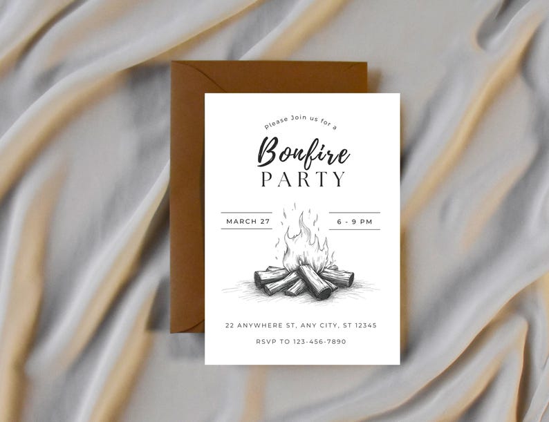 May include: A white invitation card with the text "Bonfire Party" and a detailed illustration of a bonfire. The card includes event details: March 27, 6-9 PM, and an RSVP number. A brown envelope is behind the card.
